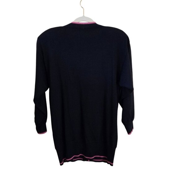 Vintage Schrader Navy Long Line V Neck Cardigan Sweater 3D Flower Unique Size M - Picture 2 of 6